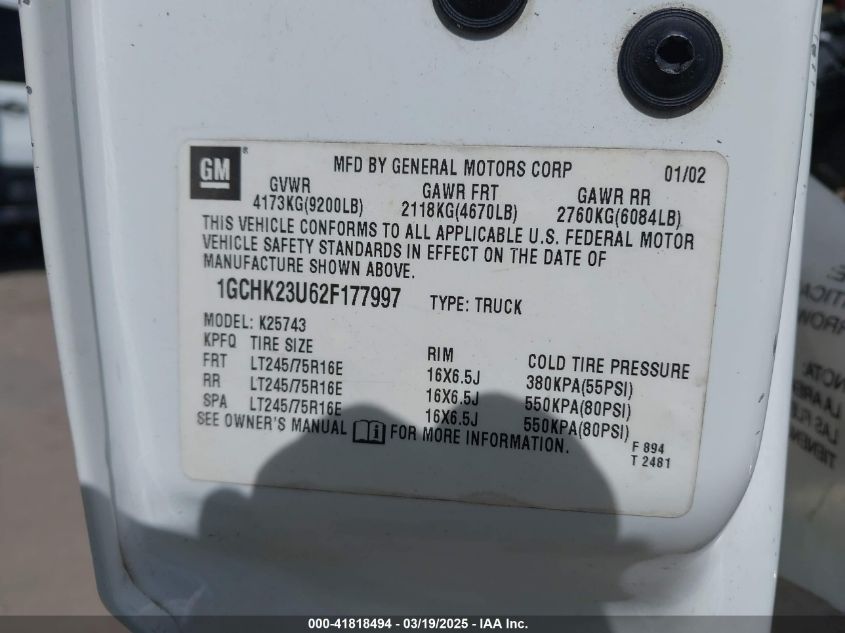 2002 Chevrolet Silverado 2500Hd Ls VIN: 1GCHK23U62F177997 Lot: 41818494