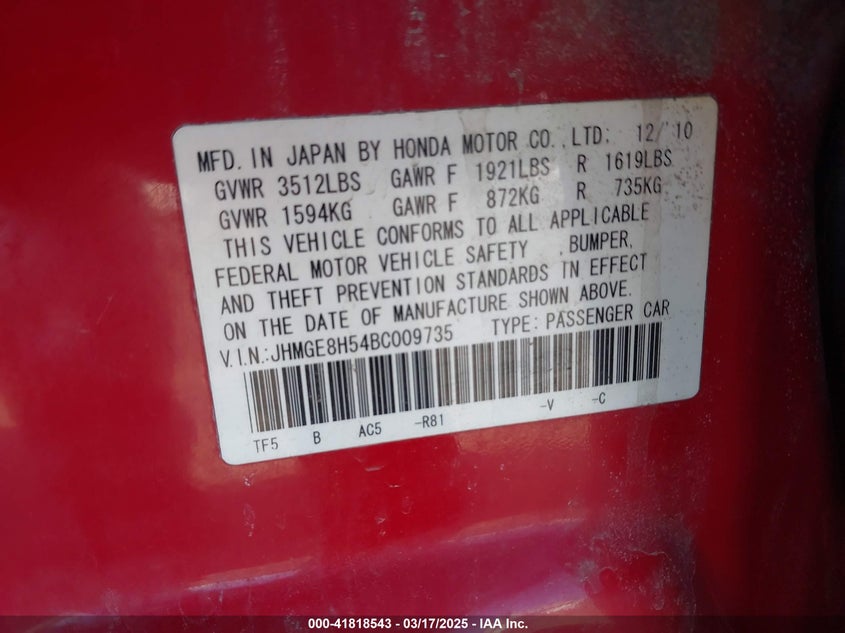 2011 HONDA FIT VIN: JHMGE8H54BC009735