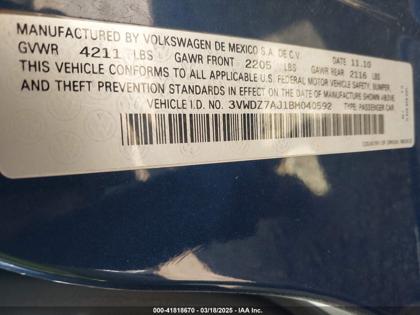 2011 VOLKSWAGEN JETTA VIN: 3VWDZ7AJ1BM040592