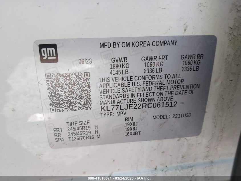 VIN KL77LJE22RC061512 2024 CHEVROLET TRAX FWD 2RS