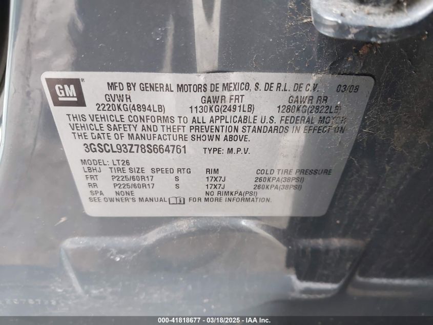 2008 Saturn Vue Green Line 4-Cyl Base VIN: 3GSCL93Z78S664761 Lot: 41818677