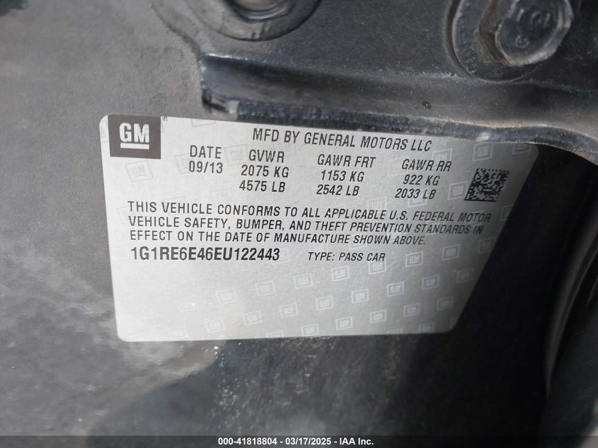 2014 CHEVROLET VOLT VIN: 1G1RE6E46EU122443