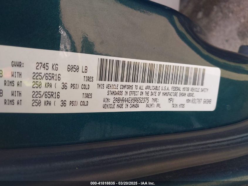 2009 Chrysler Town & Country Lx VIN: 2A8HR44E09R652375 Lot: 41818835