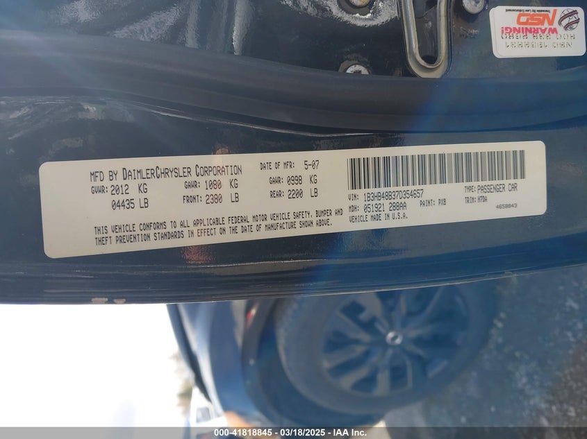 2007 DODGE CALIBER VIN: 1B3HB48B37D354657