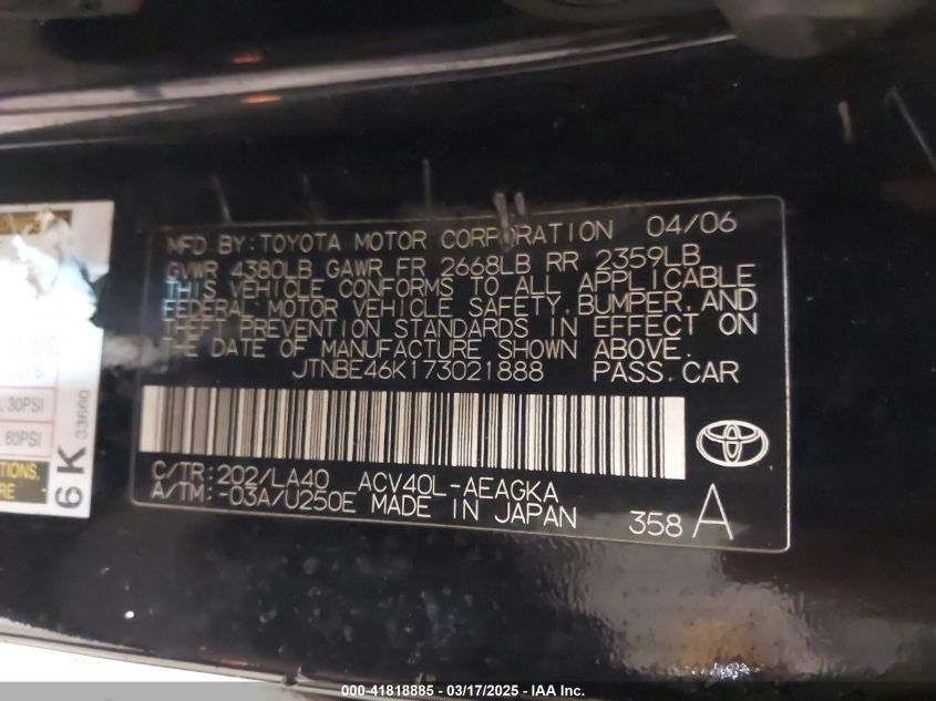 2007 Toyota Camry Xle VIN: JTNBE46K173021888 Lot: 41818885