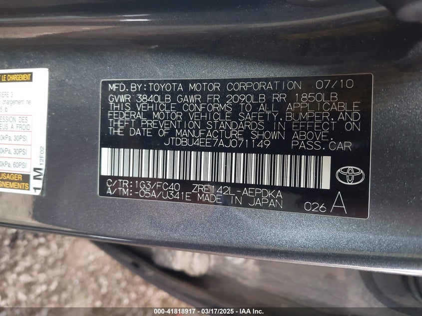 2010 TOYOTA COROLLA VIN: JTDBU4EE7AJ071149