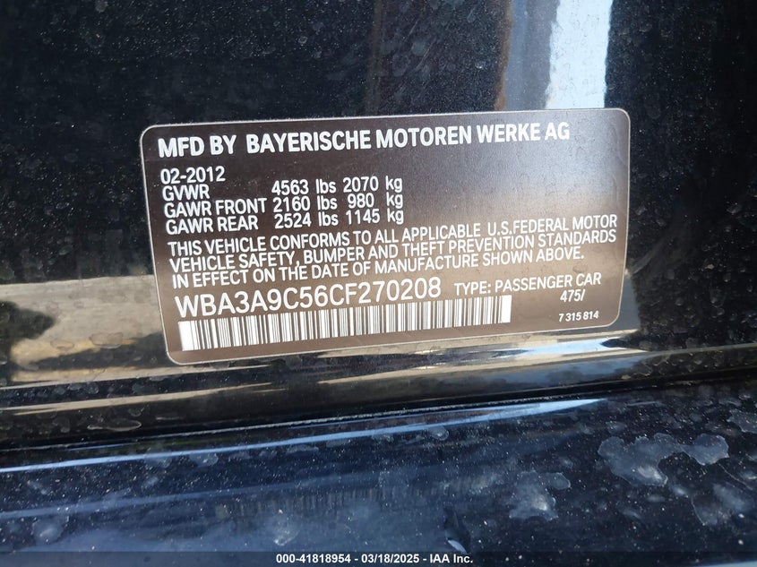 2012 BMW 335 VIN: WBA3A9C56CF270208