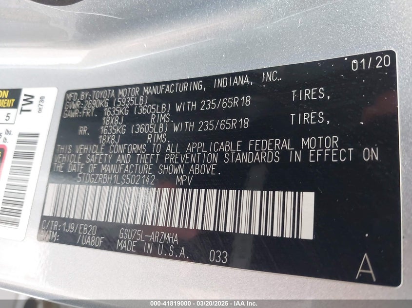 2020 TOYOTA HIGHLANDER VIN: 5TDGZRBH1LS502142