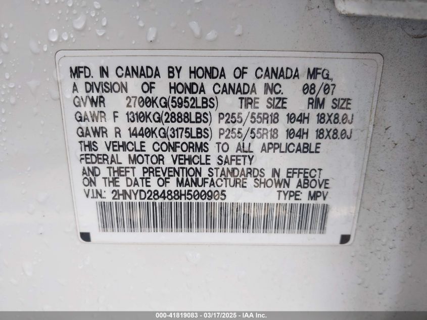 2008 Acura Mdx Technology Package VIN: 2HNYD28488H500905 Lot: 41819083