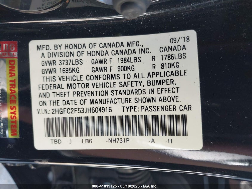 2018 HONDA CIVIC VIN: 2HGFC2F53JH604916