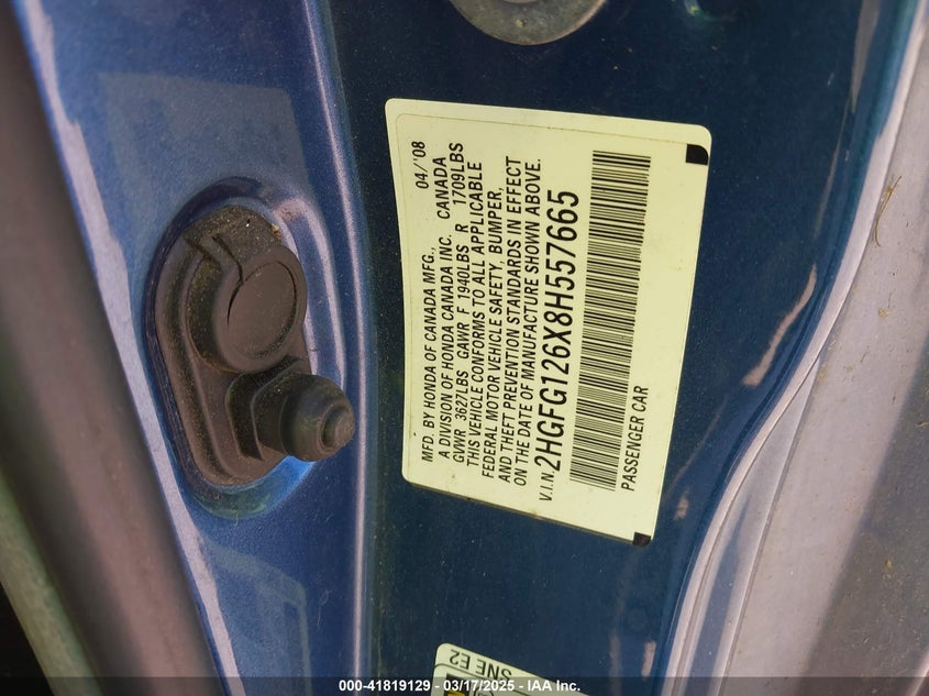 2008 HONDA CIVIC VIN: 2HGFG126X8H557665