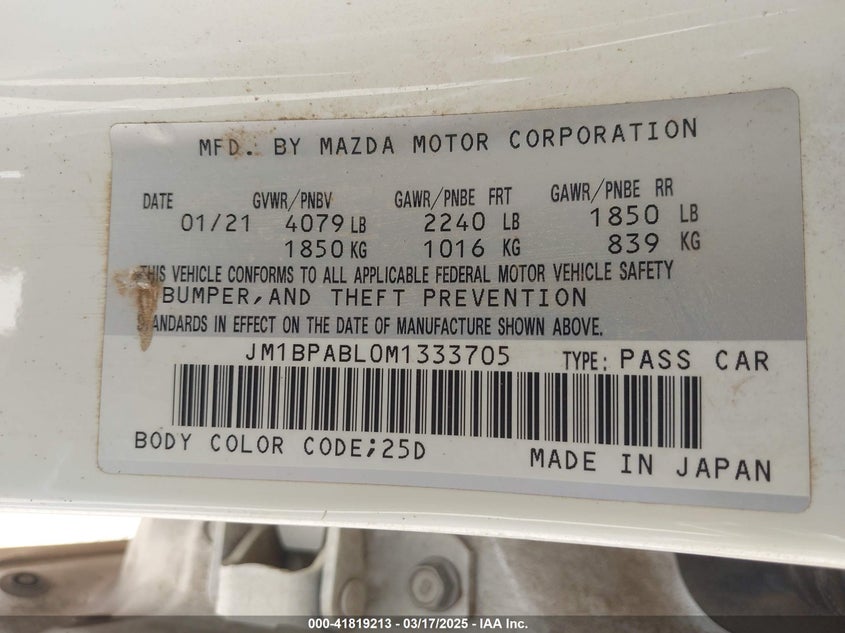 2021 MAZDA MAZDA3 VIN: JM1BPABL0M1333705