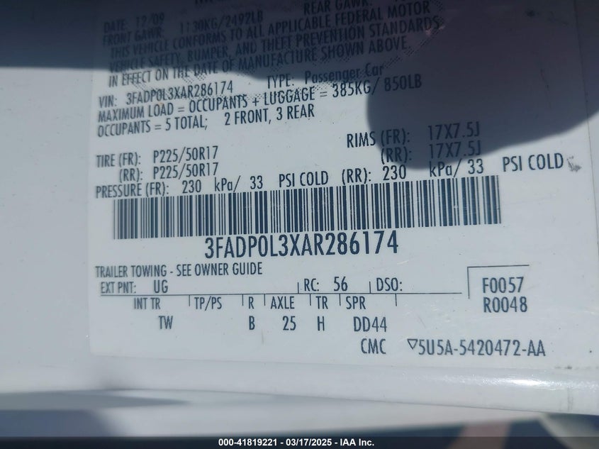 2010 FORD FUSION HYBRID VIN: 3FADP0L3XAR286174
