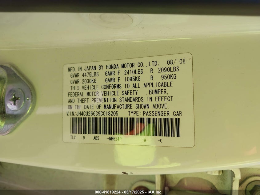 2009 ACURA TSX VIN: JH4CU26639C018205