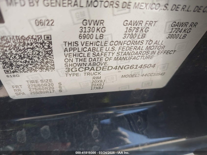 2022 CHEVROLET SILVERADO VIN: 3GCPADED4NG614504