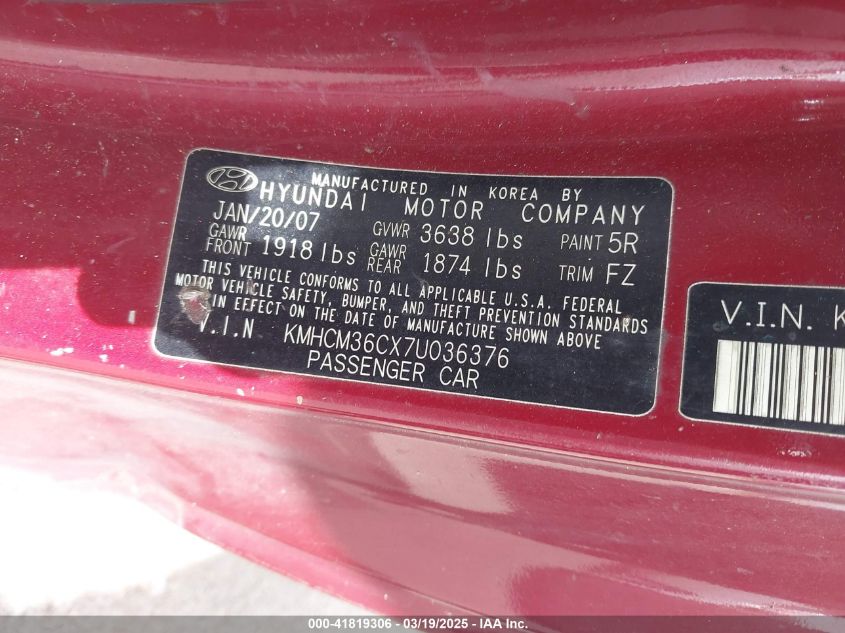 2007 Hyundai Accent Gs VIN: KMHCM36CX7U036376 Lot: 41819306