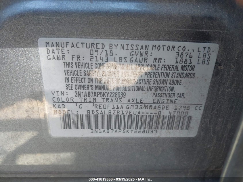 2019 NISSAN SENTRA VIN: 3N1AB7AP5KY228039