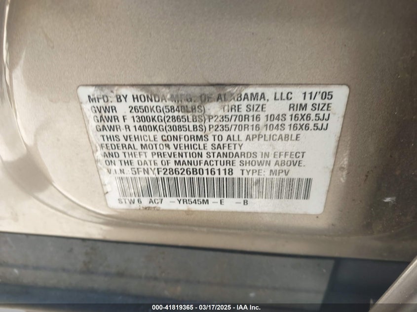 2006 HONDA PILOT VIN: 5FNYF28626B016118