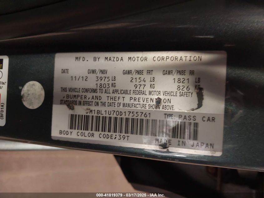 2013 Mazda Mazda3 I Sport VIN: JM1BL1U70D1755761 Lot: 41819379