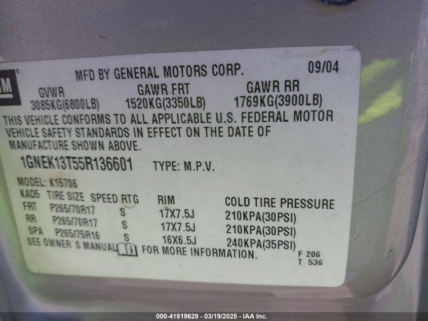 2005 Chevrolet Tahoe Z71 VIN: 1GNEK13T55R136601 Lot: 41819629