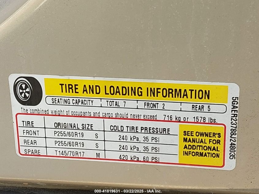 2008 Buick Enclave Cxl VIN: 5GAER23788J248035 Lot: 41819631