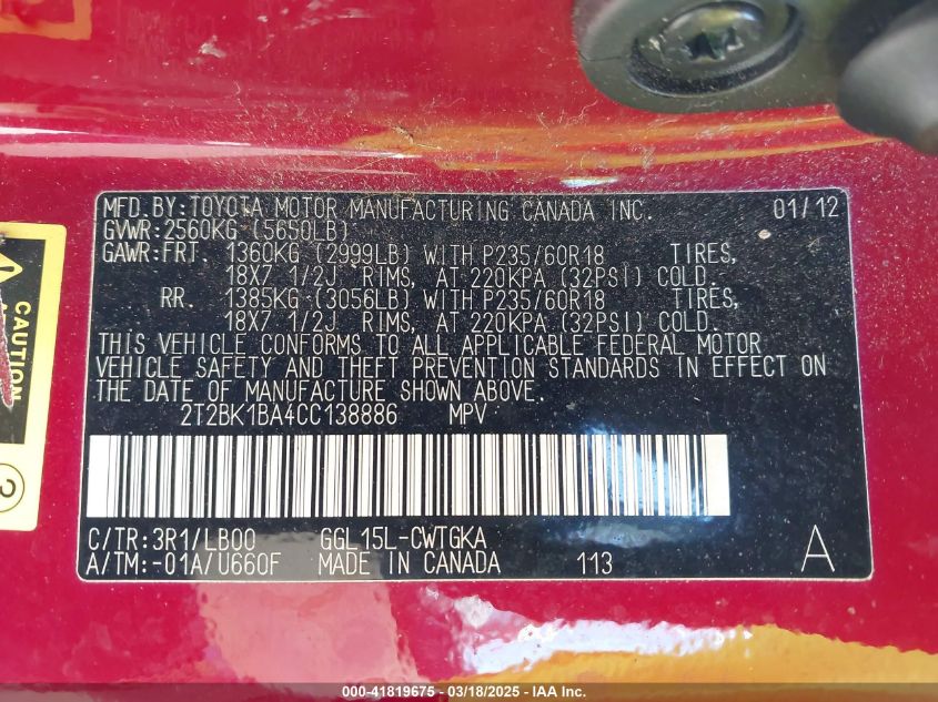 2012 Lexus Rx 350 VIN: 2T2BK1BA4CC138886 Lot: 41819675