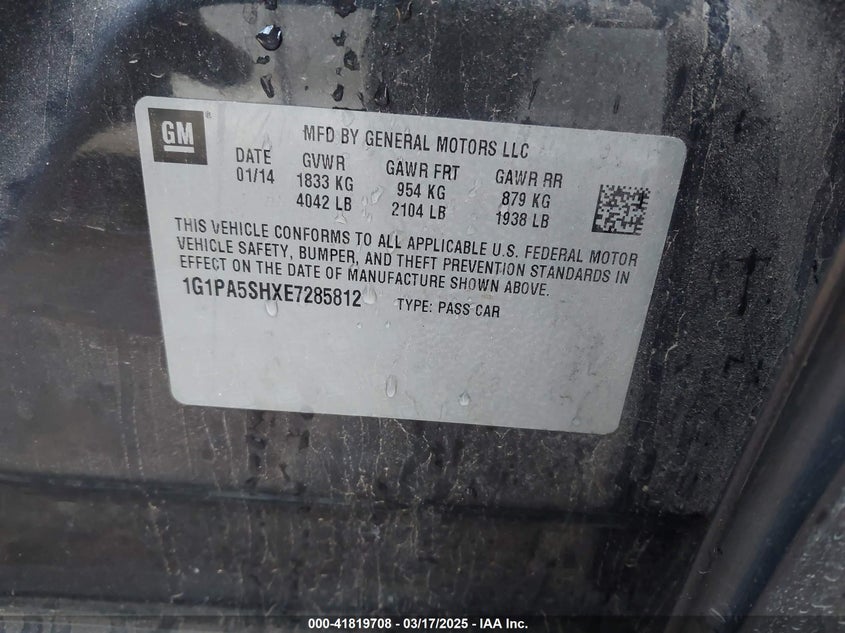 2014 CHEVROLET CRUZE VIN: 1G1PA5SHXE7285812