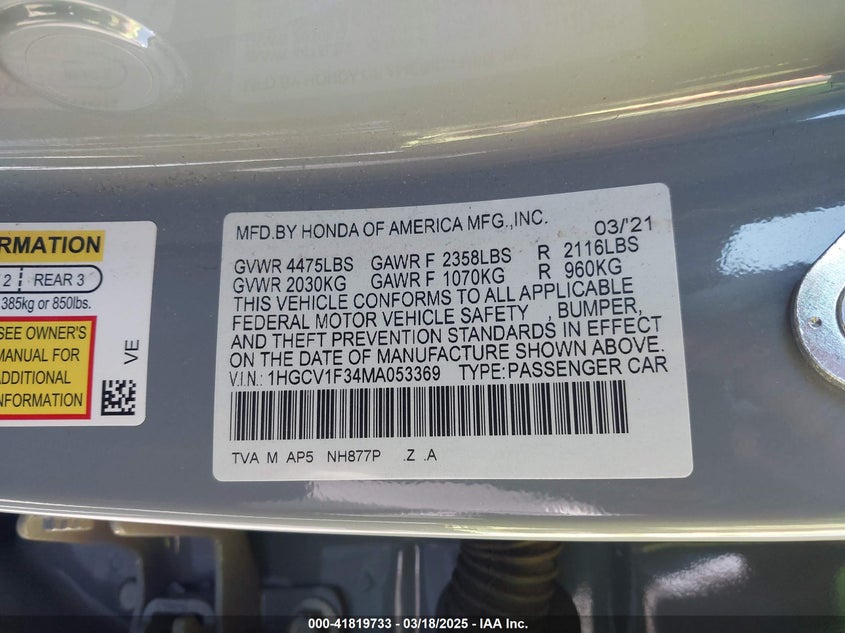 2021 HONDA ACCORD VIN: 1HGCV1F34MA053369