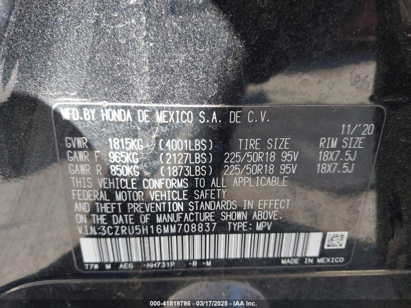 2021 Honda Hr-V 2Wd Sport VIN: 3CZRU5H16MM708837 Lot: 41819795