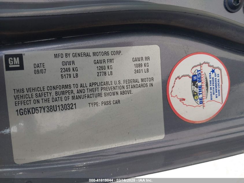 2008 Cadillac Dts 1Sb VIN: 1G6KD57Y38U130321 Lot: 41819844