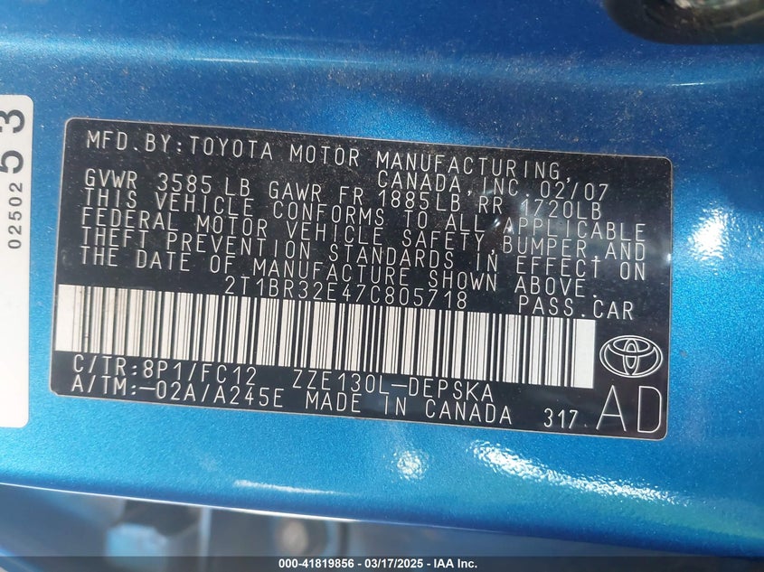 2007 TOYOTA COROLLA VIN: 2T1BR32E47C805718