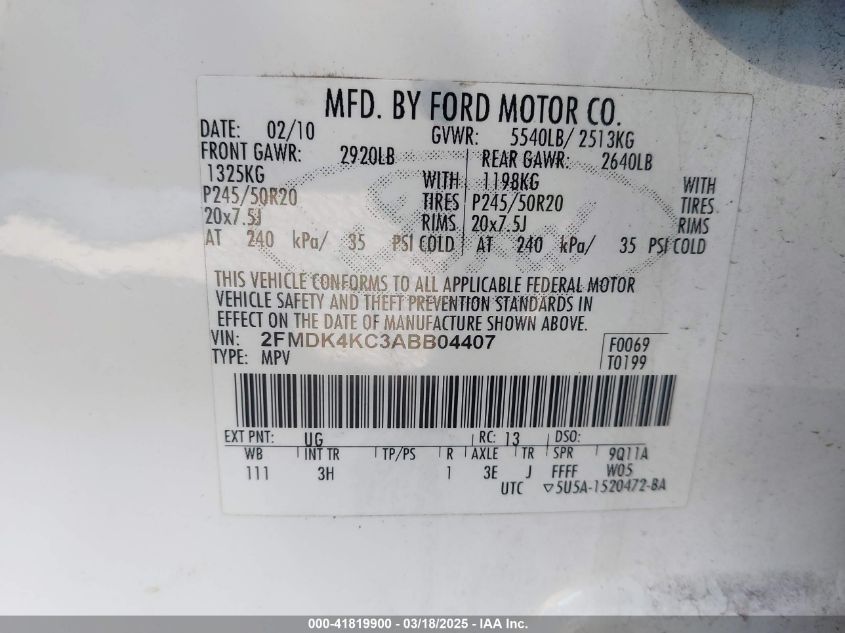 2010 Ford Edge Limited VIN: 2FMDK4KC3ABB04407 Lot: 41819900