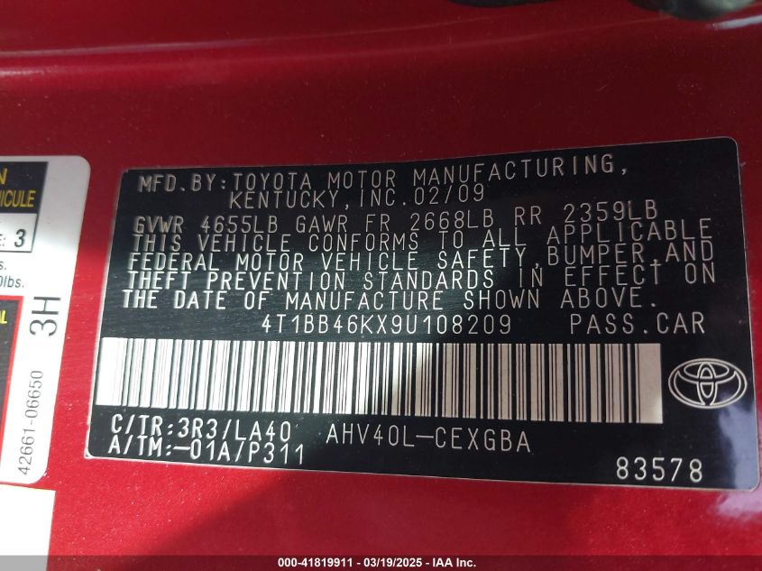 2009 Toyota Camry Hybrid VIN: 4T1BB46KX9U108209 Lot: 41819911