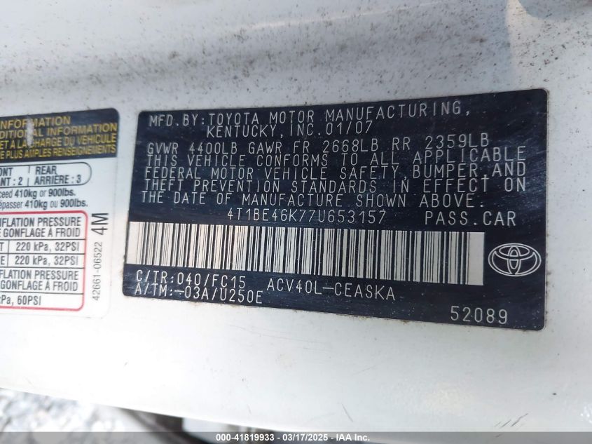 2007 Toyota Camry Se VIN: 4T1BE46K77U653157 Lot: 41819933