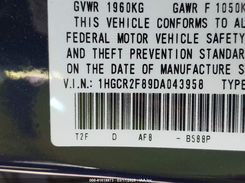 2013 HONDA ACCORD VIN: 1HGCR2F89DA043958