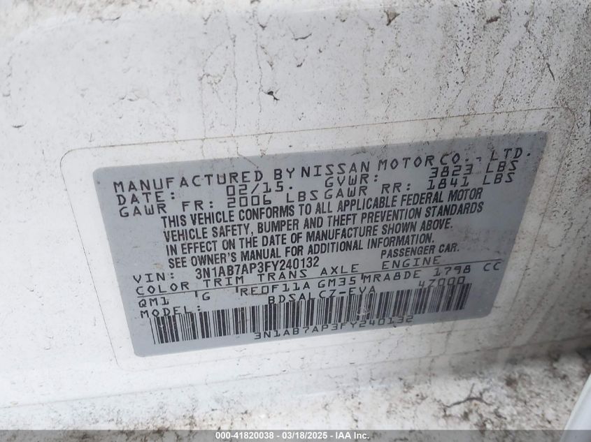 2015 Nissan Sentra S VIN: 3N1AB7AP3FY240132 Lot: 41820038