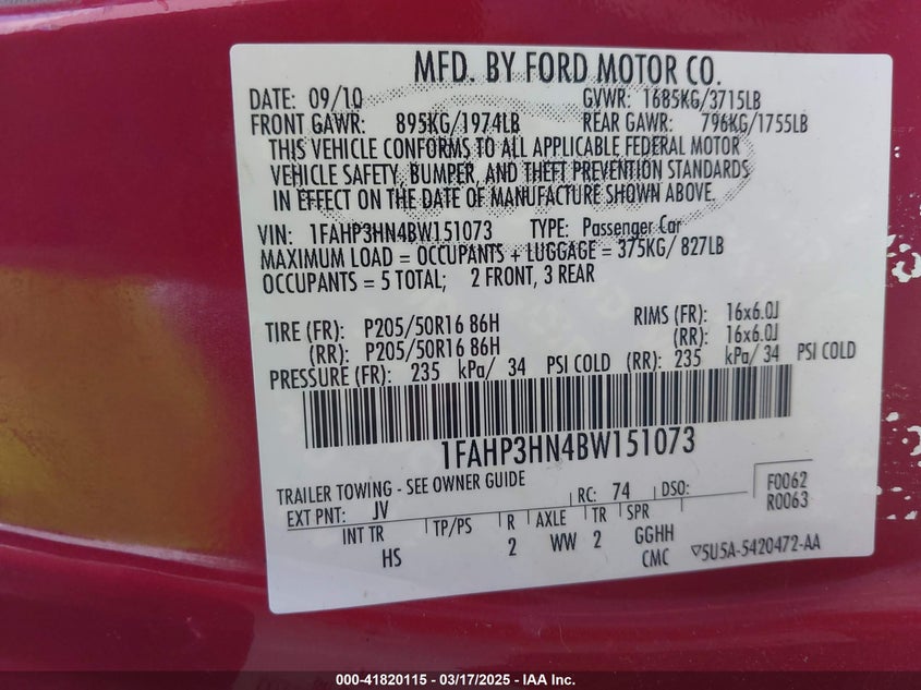 2011 FORD FOCUS VIN: 1FAHP3HN4BW151073