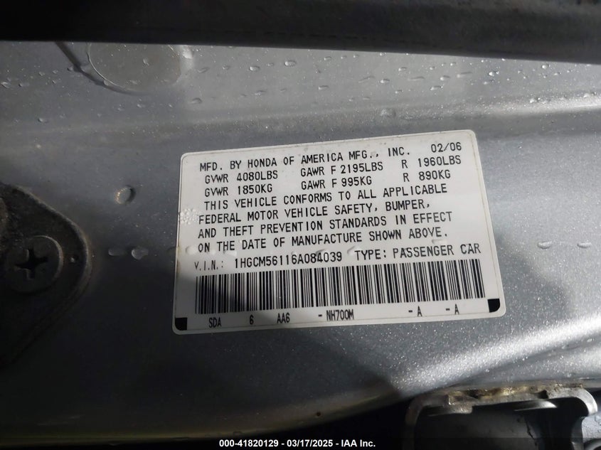 2006 HONDA ACCORD VIN: 1HGCM56116A084039