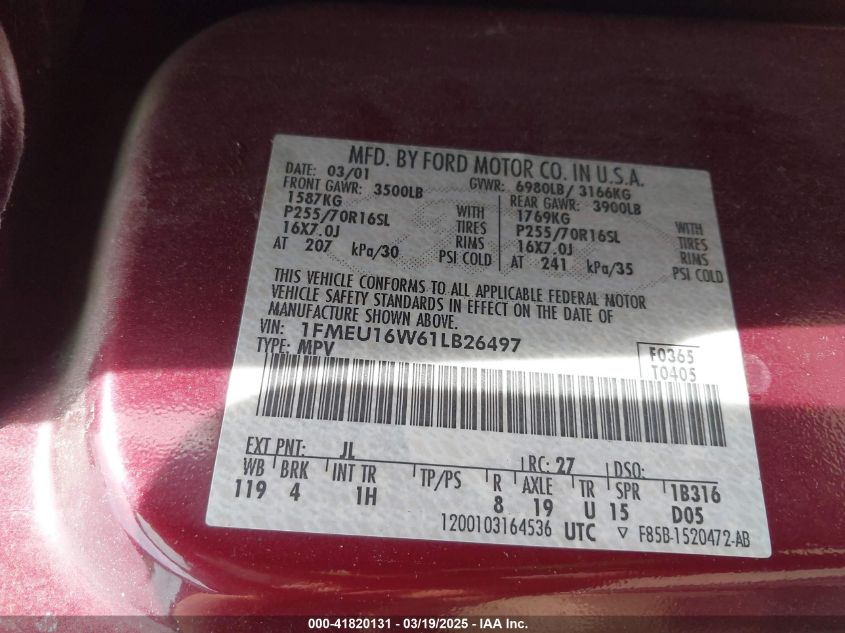 2001 Ford Expedition Xlt VIN: 1FMEU16W61LB26497 Lot: 41820131