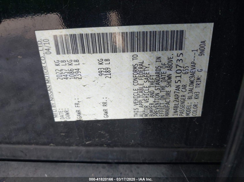 2010 NISSAN ALTIMA VIN: 1N4BL2AP7AN510735