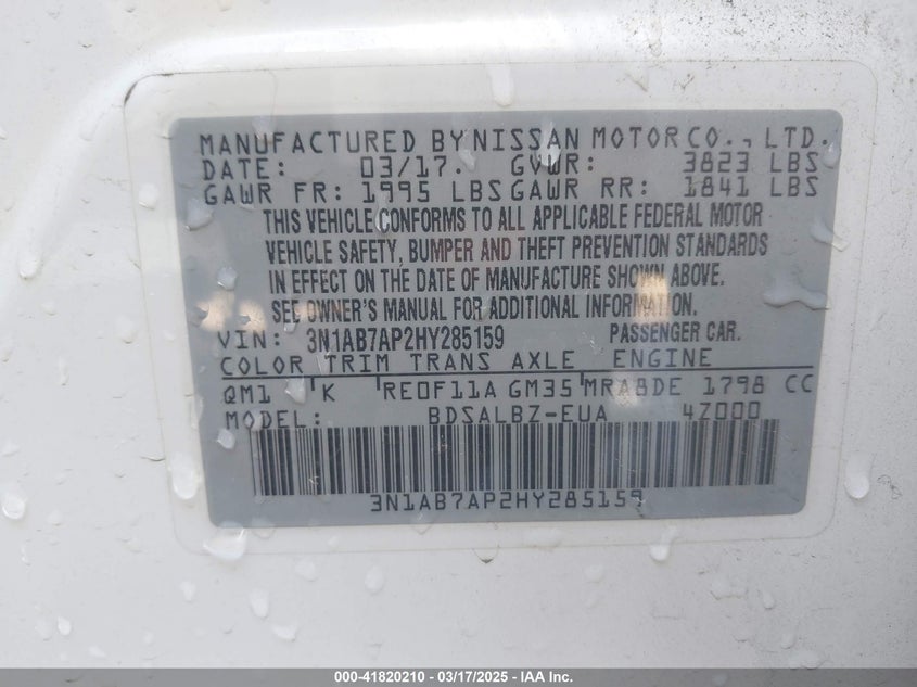 2017 NISSAN SENTRA VIN: 3N1AB7AP2HY285159
