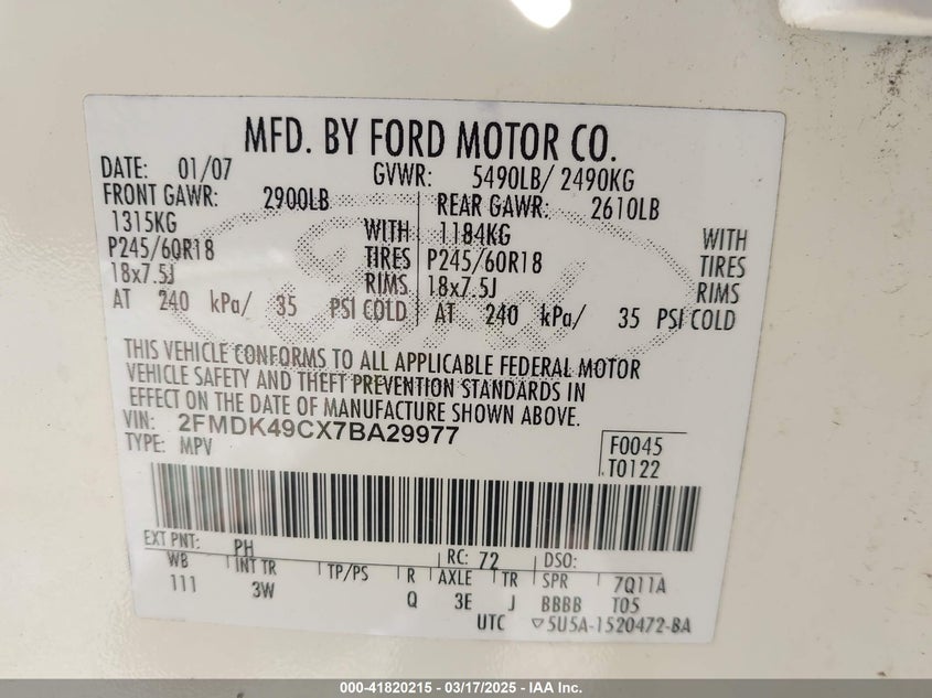 2007 Ford Edge Sel Plus VIN: 2FMDK49CX7BA29977 Lot: 41820215