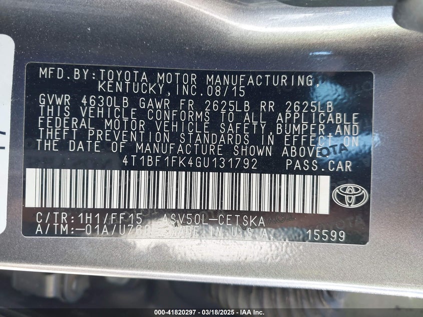 2016 TOYOTA CAMRY VIN: 4T1BF1FK4GU131792