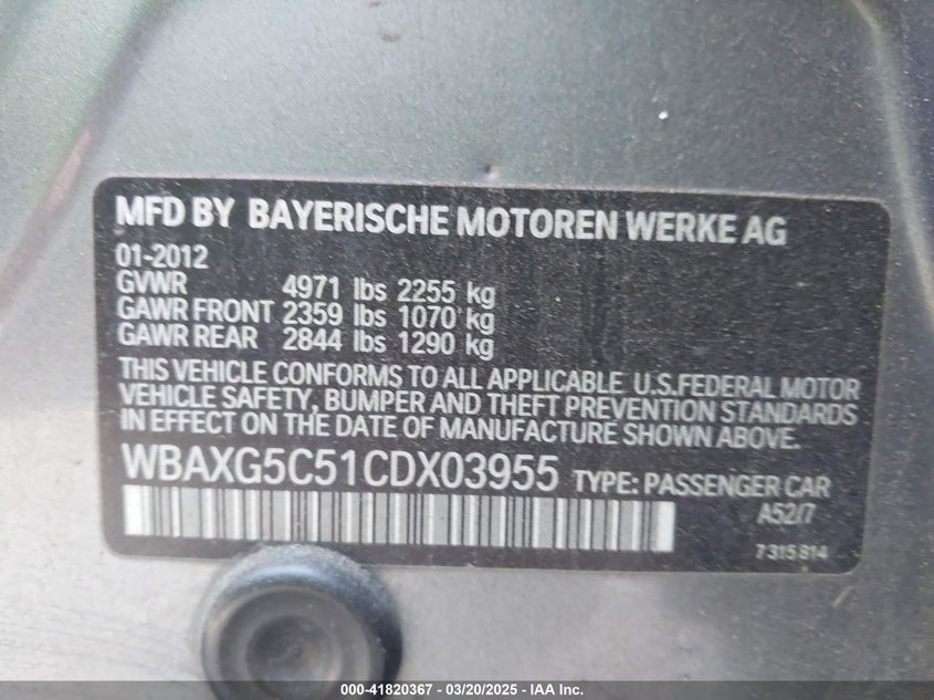 2012 BMW 528I VIN: WBAXG5C51CDX03955