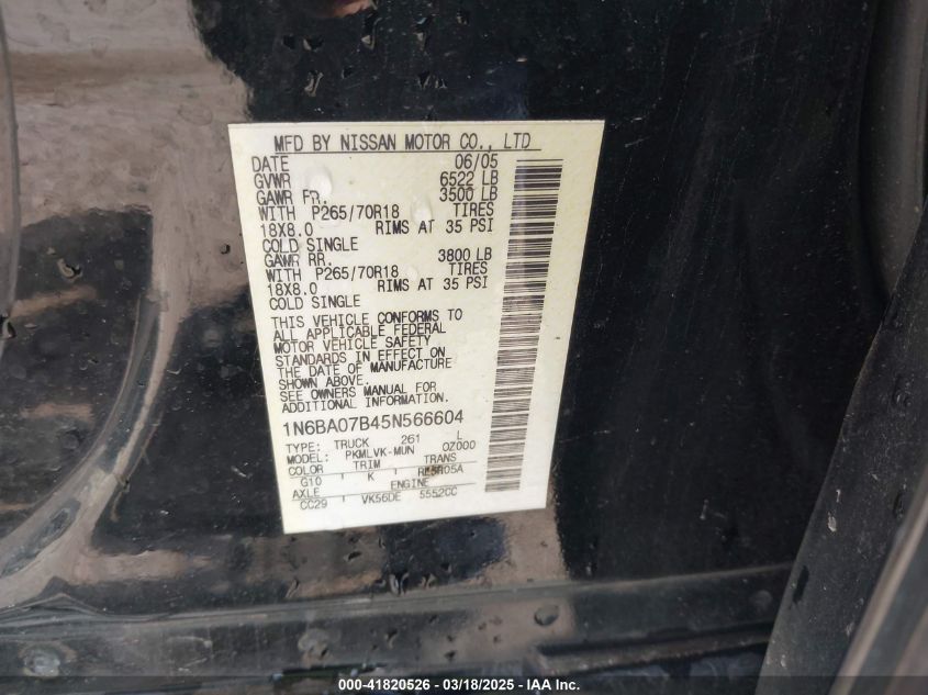 2005 Nissan Titan Le VIN: 1N6BA07B45N566604 Lot: 41820526