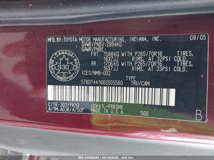 2006 TOYOTA TUNDRA VIN: 5TBDT44166S505560