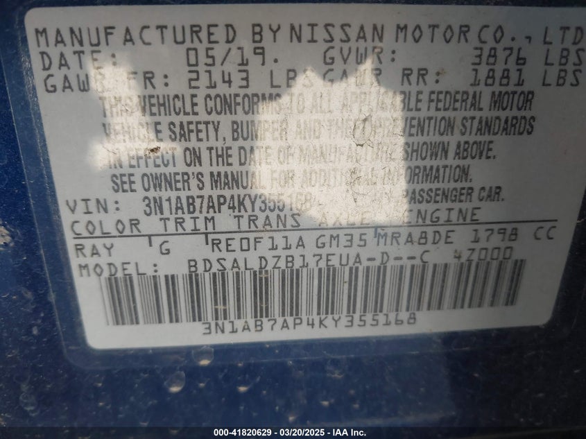2019 NISSAN SENTRA VIN: 3N1AB7AP4KY355168