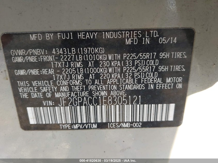 2014 Subaru Xv Crosstrek 2.0I Premium VIN: JF2GPACC1E8305121 Lot: 41820630