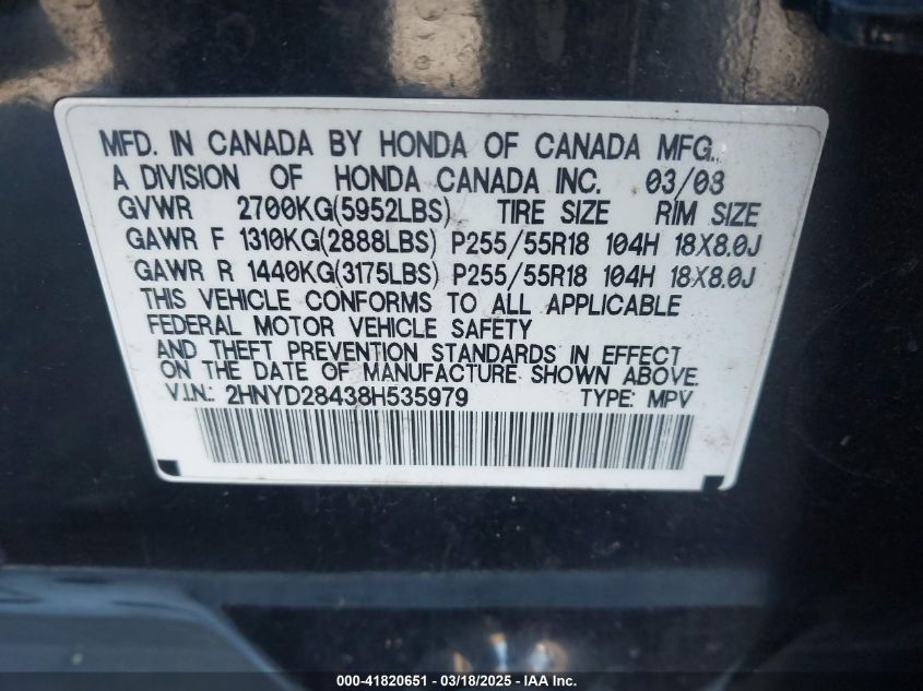 2008 Acura Mdx Technology Package VIN: 2HNYD28438H535979 Lot: 41820651