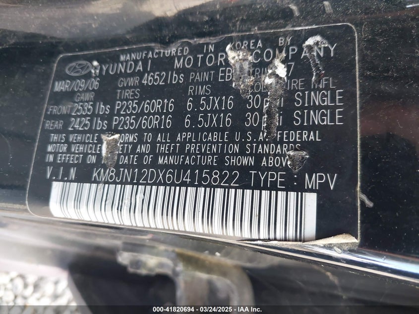 2006 HYUNDAI TUCSON VIN: KM8JN12DX6U415822
